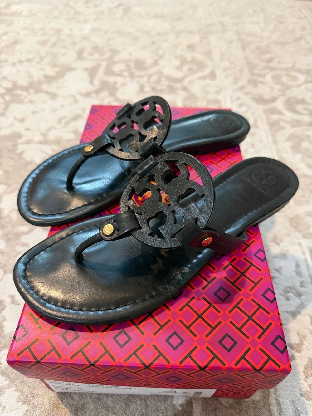 Tory Burch Black Miller Logo Leather Thong Sandals